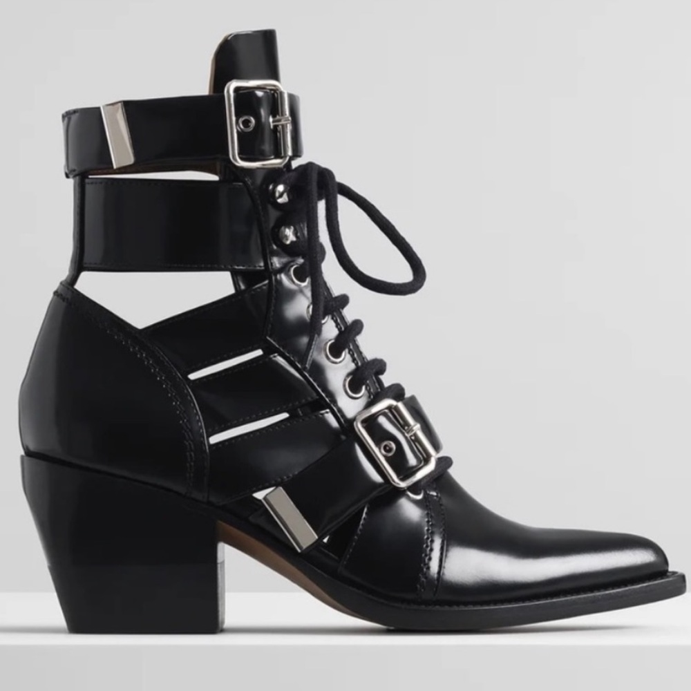 CHLOE RYLEE MEDIUM BOOTS IN BLACK LACE-UP WITH BUCKLES AND CUBAN HEEL SZ EU 39